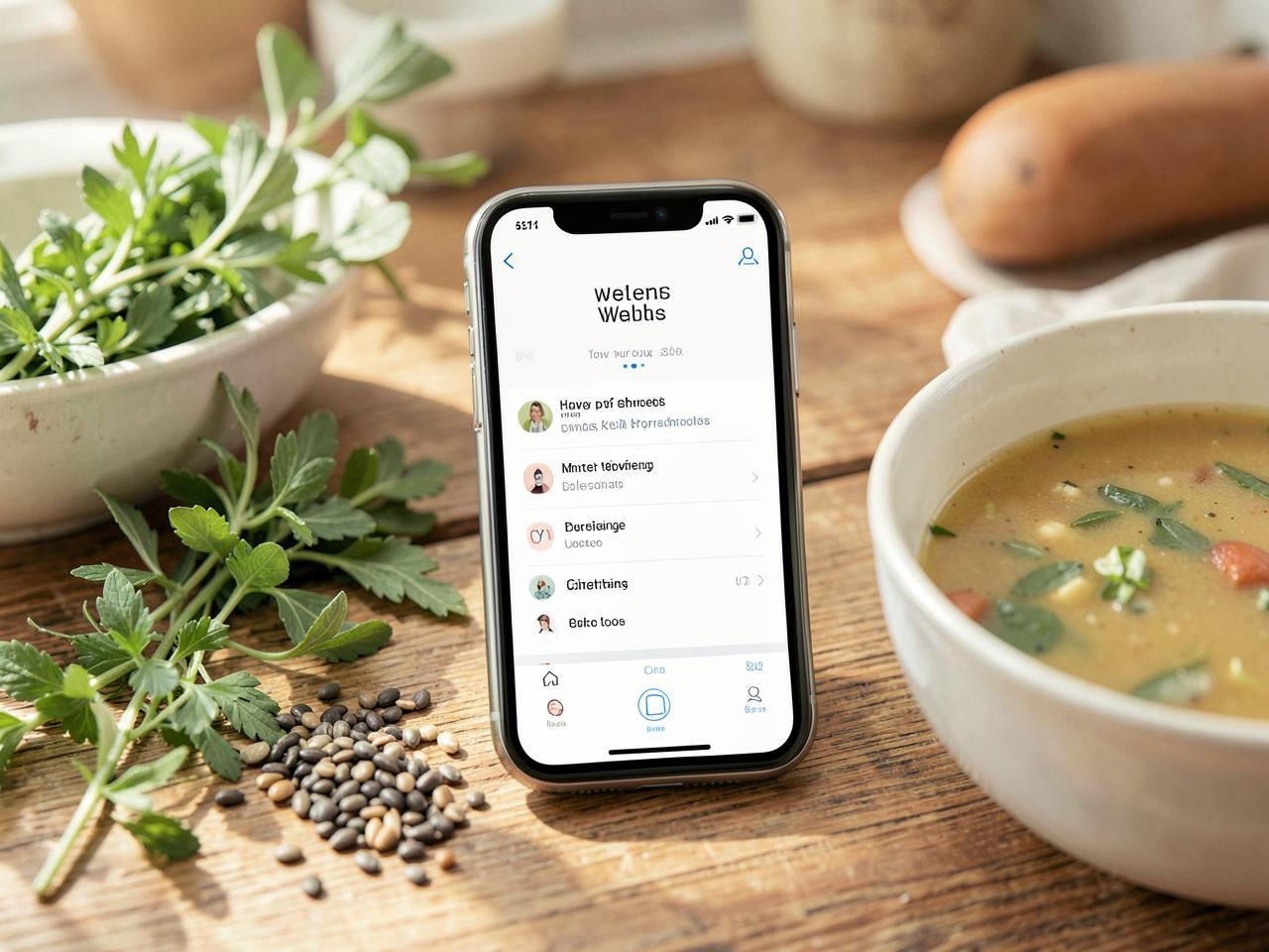 A recipe app open on a phone beside fresh herbs, seeds, and a bowl of soup
